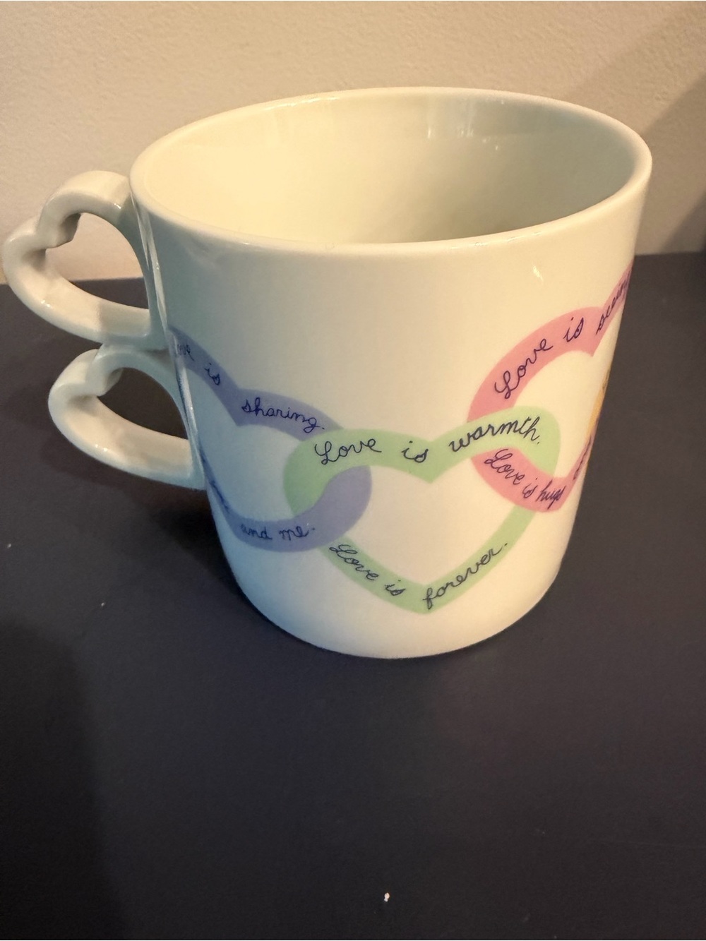 Avon “Love Is Sayings” Coffee Mug Double Heart Shaped Handle Valentines Day Cup